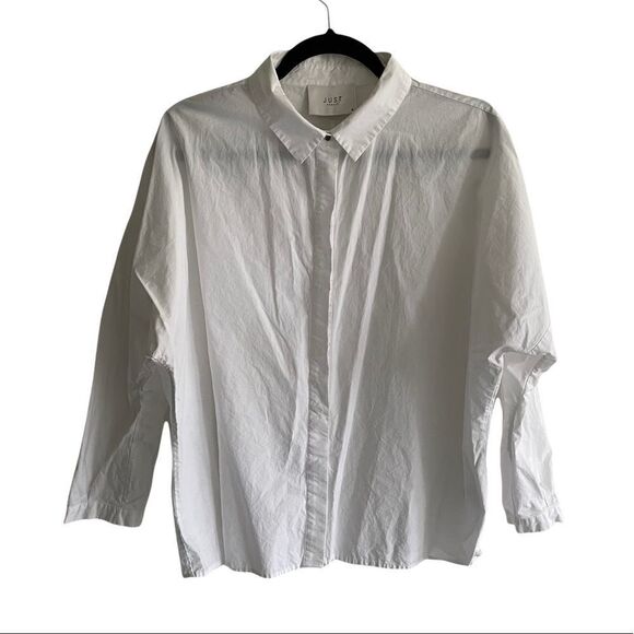 JUST FEMALE Cotton Hidden Button Front Blouse Shirt Dolman Sleeve Ruffle White M - Picture 2 of 5